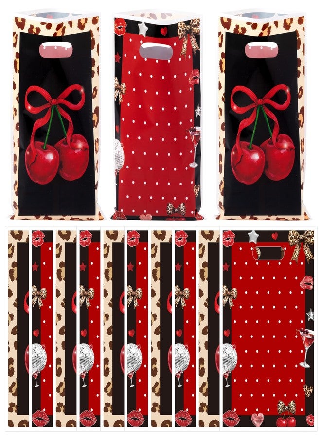 Haooryx Cheetah Cherry Party Favor Bags - 50Pcs Red Cherry Bow Leopard Print Plastic Goodie Candy Treat Bag with Handle Gift Wrap Decoration for Girls Birthday Baby Shower Wedding Party Favor Supplies - Image 1
